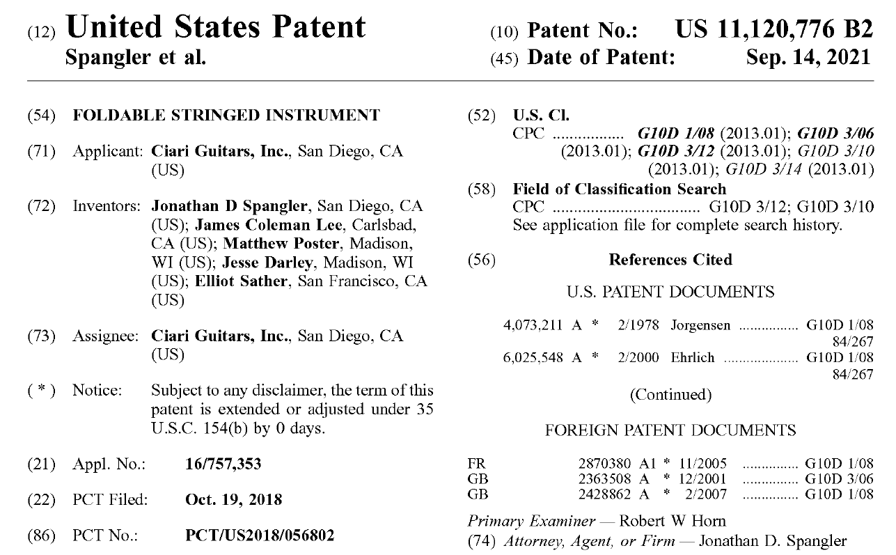 Ciari Guitars receives fourth US patent for folding guitar technology