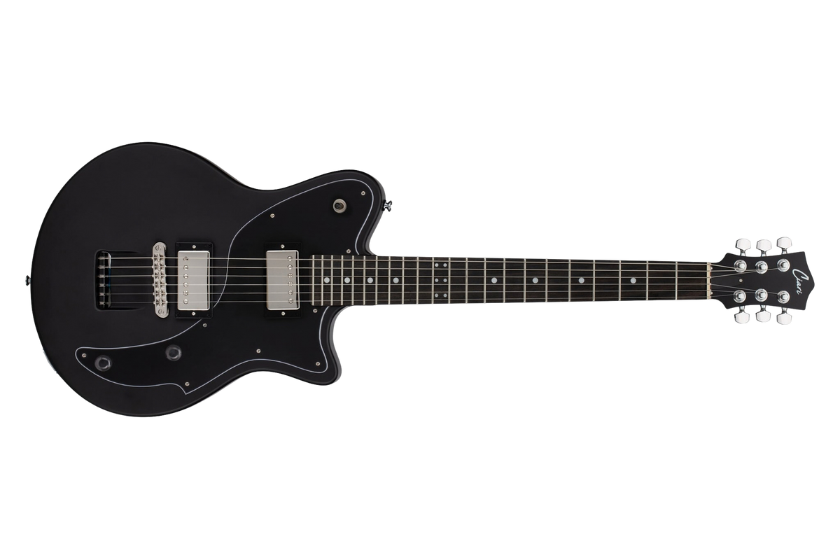 A black electric guitar with white pickguard and silver hardware, shown in a side profile on a solid white background.